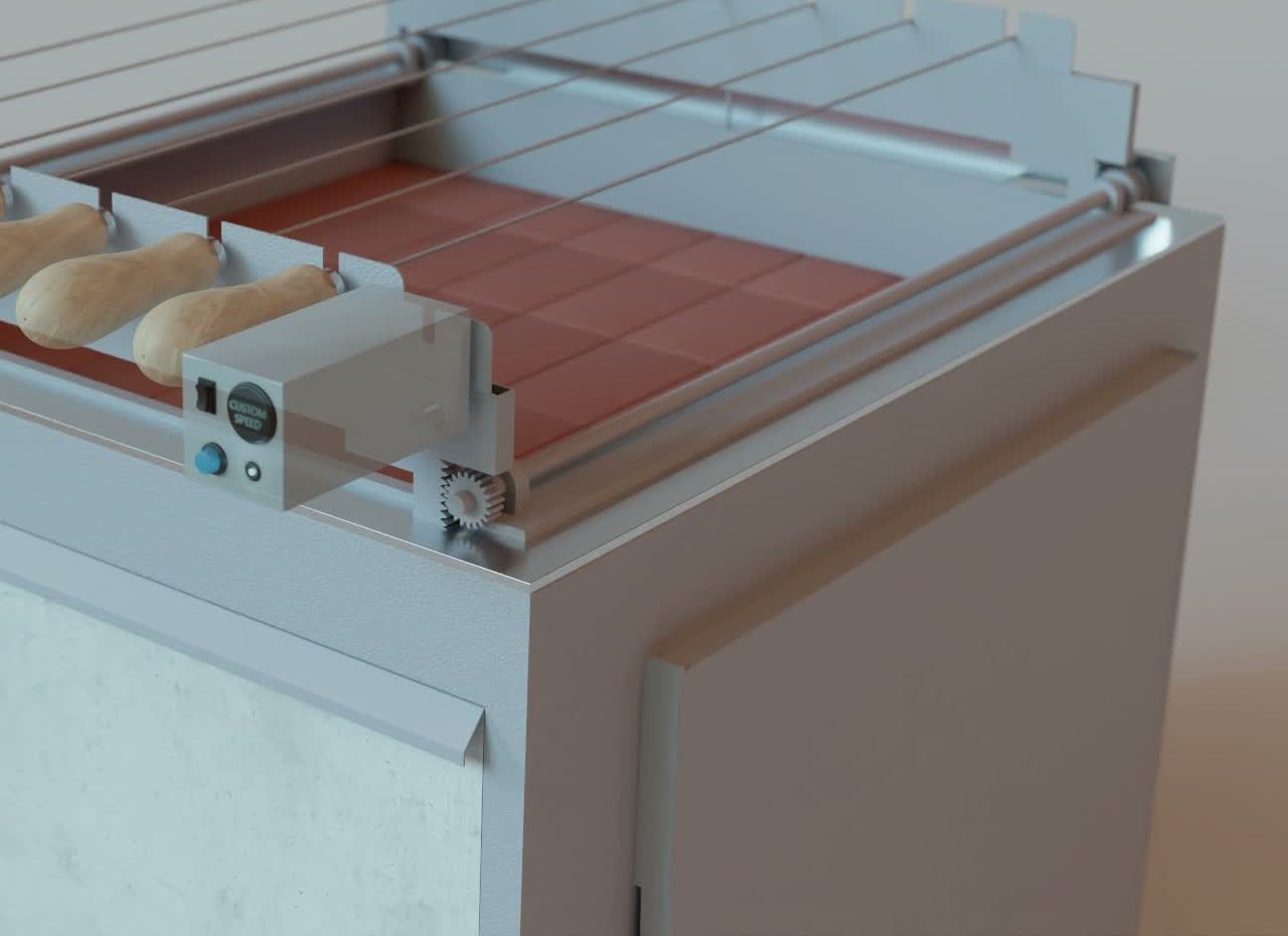 Barbecue cabinet with seven skewers turning over fire bricks
