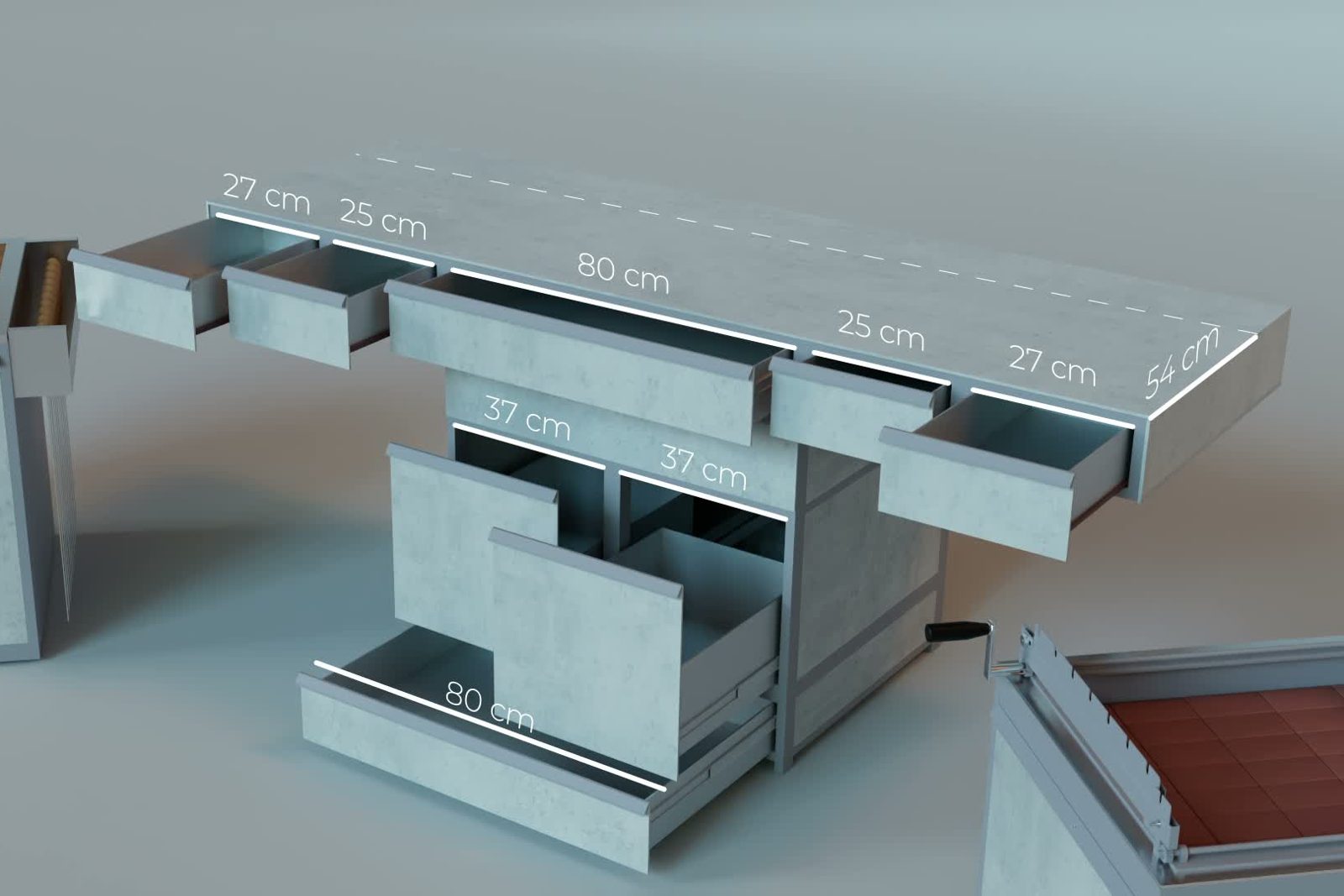 Island with drawer dimensions marked
