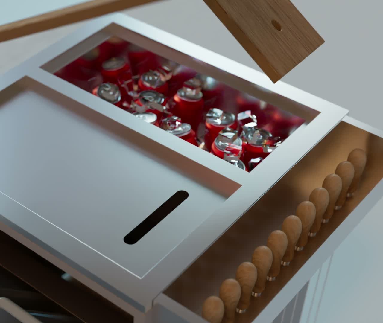 Stainless ice box full of chilled drinks under a wooden lid