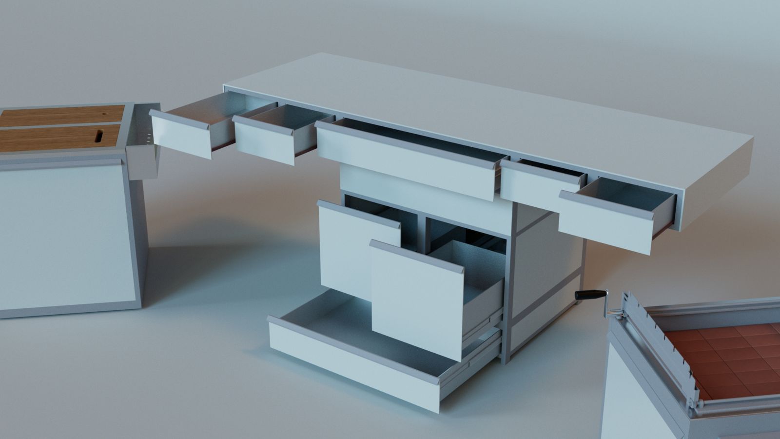 Island cabinet with all eight drawers open